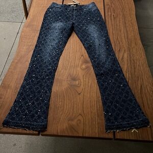 Uncle Ralph Jeans Mens 36x32 Navy Wash Rhinestone Grid Bootcut Stretch Denim